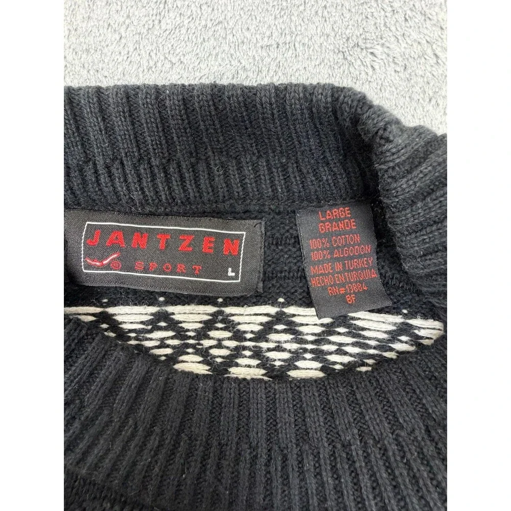 VINTAGE Jantzen Sport Sweater Mens Large Black White Cotton Knit Pullover 90's